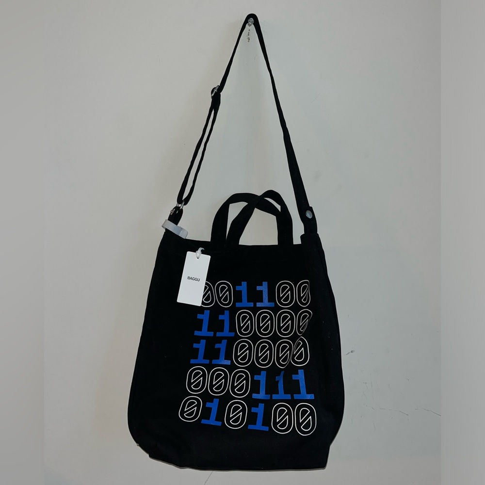 NWT BAGGU Duck Bag Coinbase Black Tote with Blue and White Design